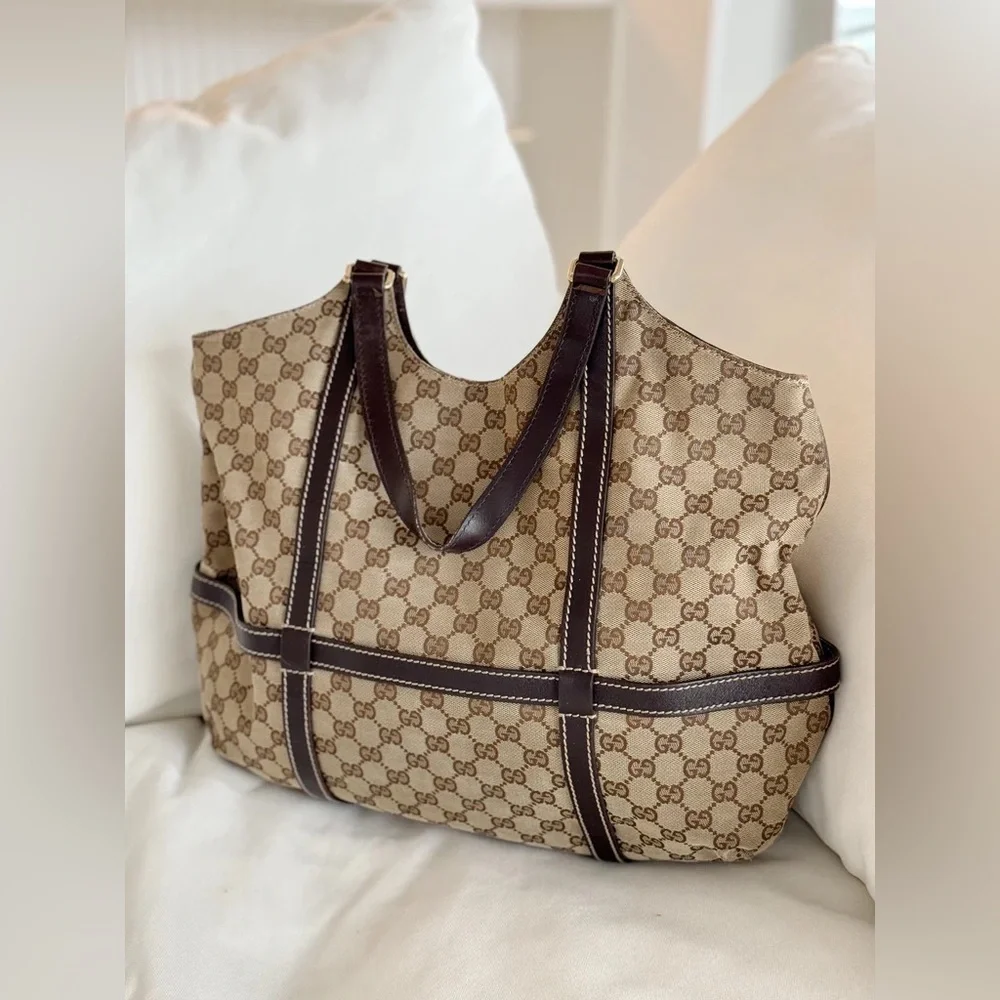 Gucci Royal Canvas Leather Hobo Tote Bag Dark Brown Monogram Timeless Designer - Picture 6 of 16
